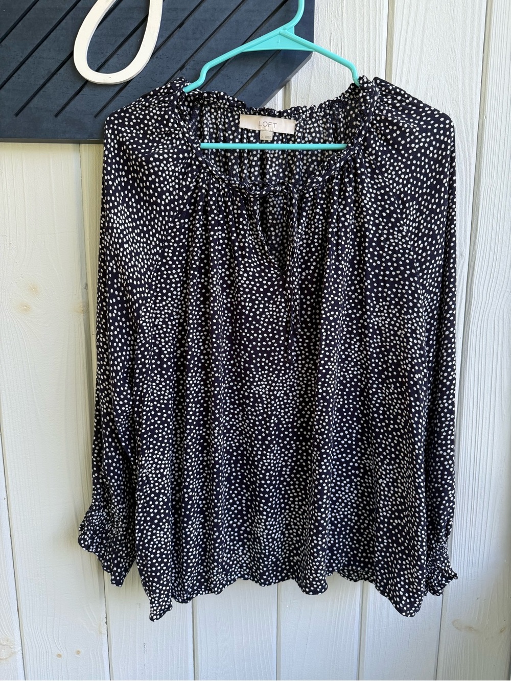 LOFT Navy and White Polka Dot Long-Sleeve Peasant Blouse